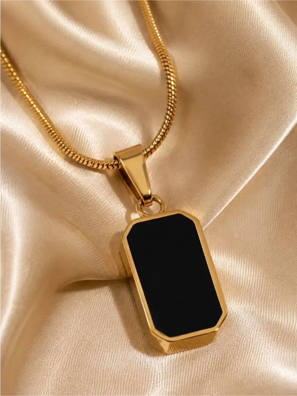 Gold tone double sided Pendant Necklace with Black and White Natural Inlay